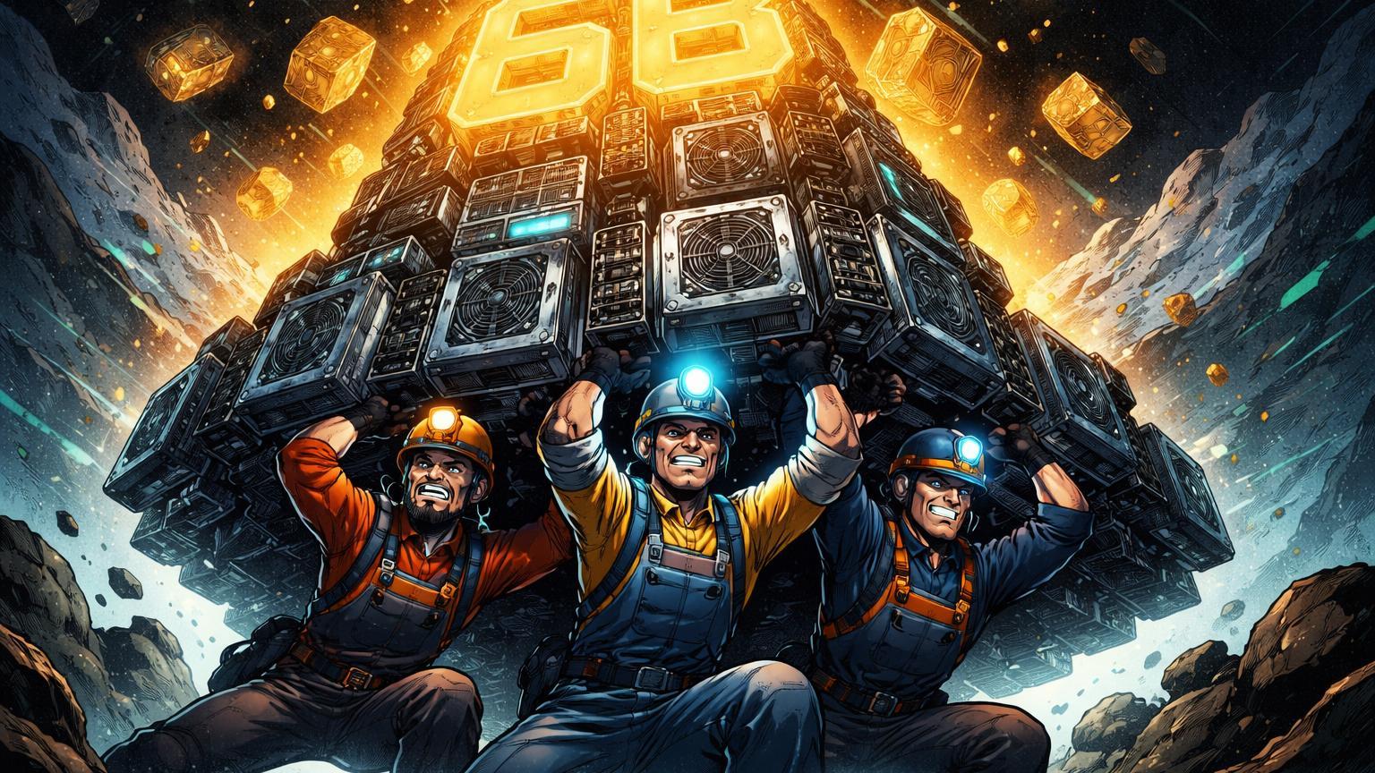 Mineradores cartoon sustentando rigs de mineração sob avalanche de blocos tokens com 6B, simbolizando pressão de hashprice baixo e unlocks