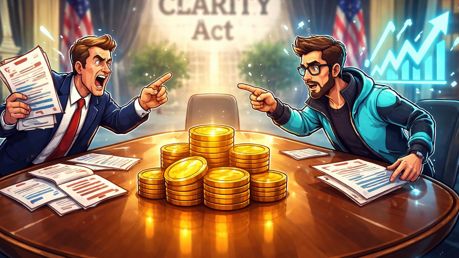 Personagens cartoon em debate tenso sobre stablecoins em mesa de reunião, simbolizando impasse da Casa Branca no CLARITY Act