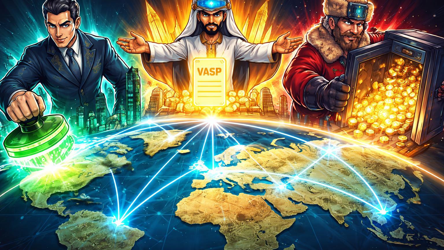 Personagens cartoon reguladores em Hong Kong, Dubai e Russia ativando selos e fluxos cripto em mapa global, destacando geopolitica regulatória