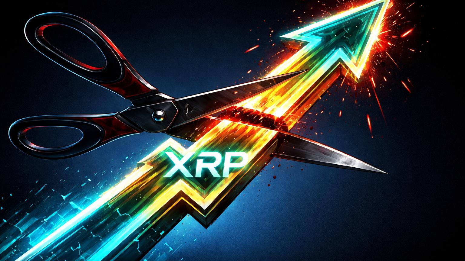 Seta ascendente XRP cyan-dourada sendo cortada por tesoura vermelha institucional, simbolizando corte na previsão de preço pela Standard Chartered