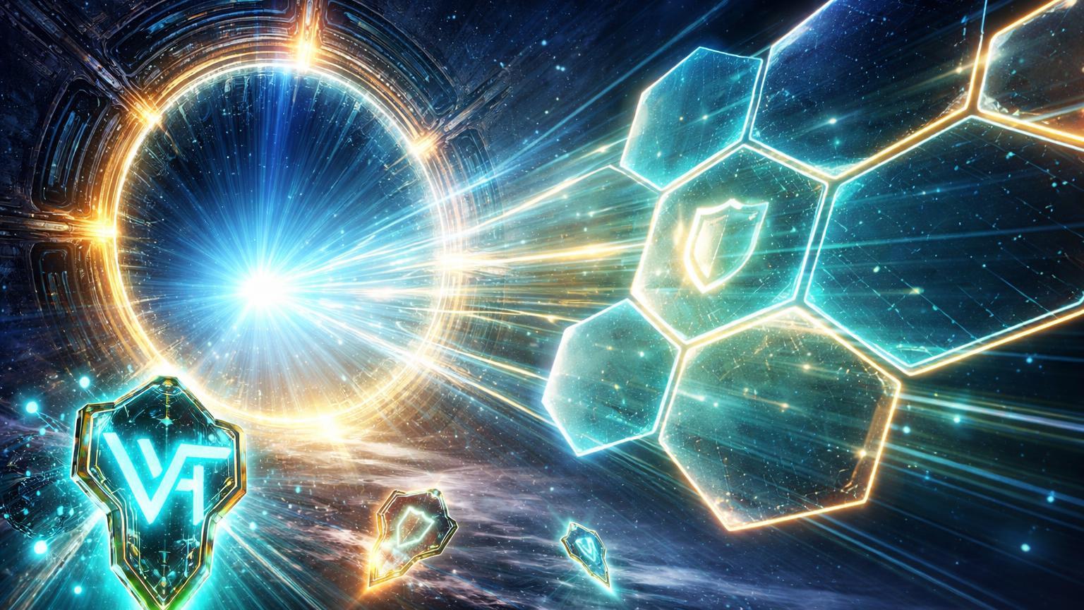Portal estelar StarGate emanando rede de escudos hedging em espaço cósmico DeFi, com NFT VET ativando proteções, visão de staking VeChain e Vitalik