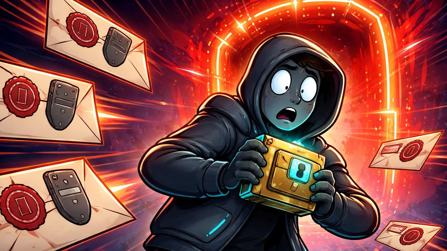 Personagem cartoon investidor protegendo carteira hardware de cartas falsas phishing e portal DNS falso vermelho, alertando riscos de scams cripto