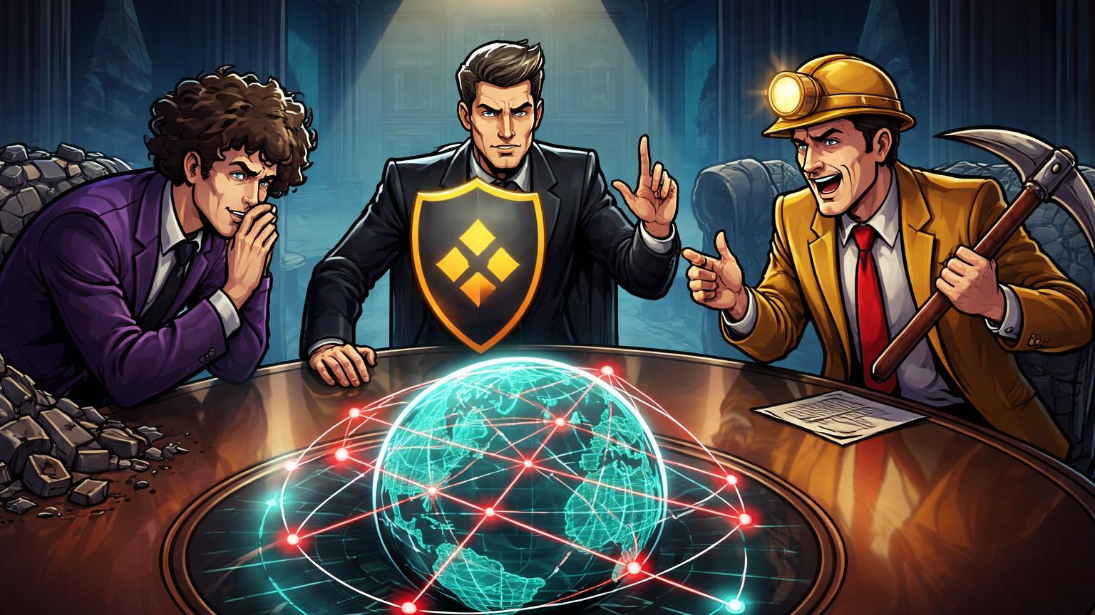 Personagens cartoon em mesa de lobby sombria de Washington representando SBF, defesa da Binance e Trump na mineração cripto