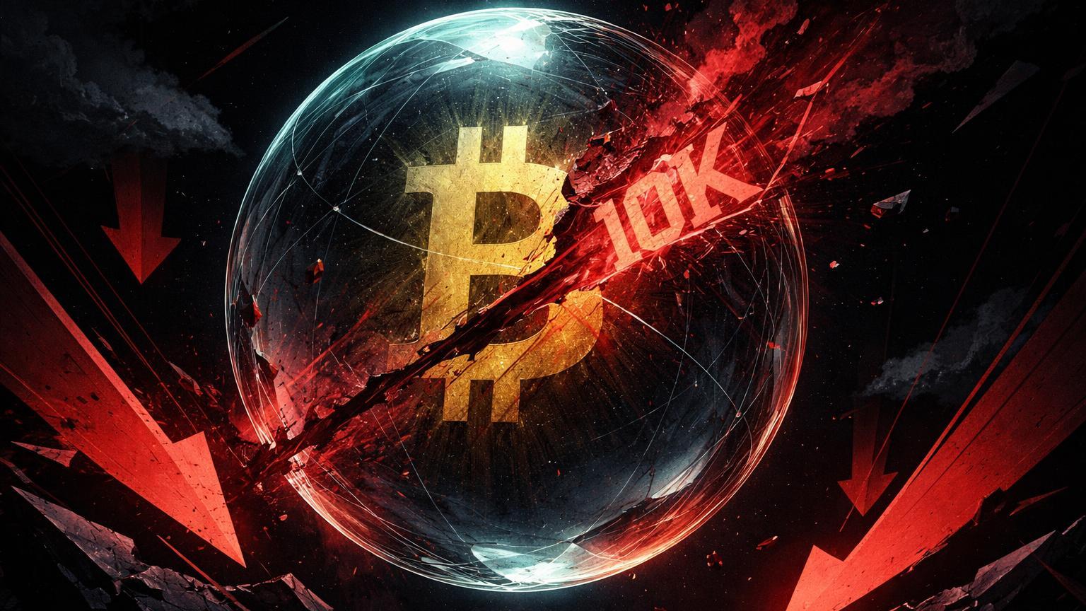 Bolha de vidro frágil com Bitcoin distorcido e rachadura '10K' emitindo vapores vermelhos, alertando implosão da bolha cripto e recessão