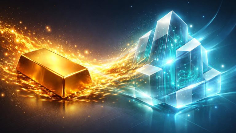 Lingote de ouro derretendo em prisma cristalino translucido com circuitos cyan, simbolizando tokenizacao eficiente de RWAs pela Wintermute