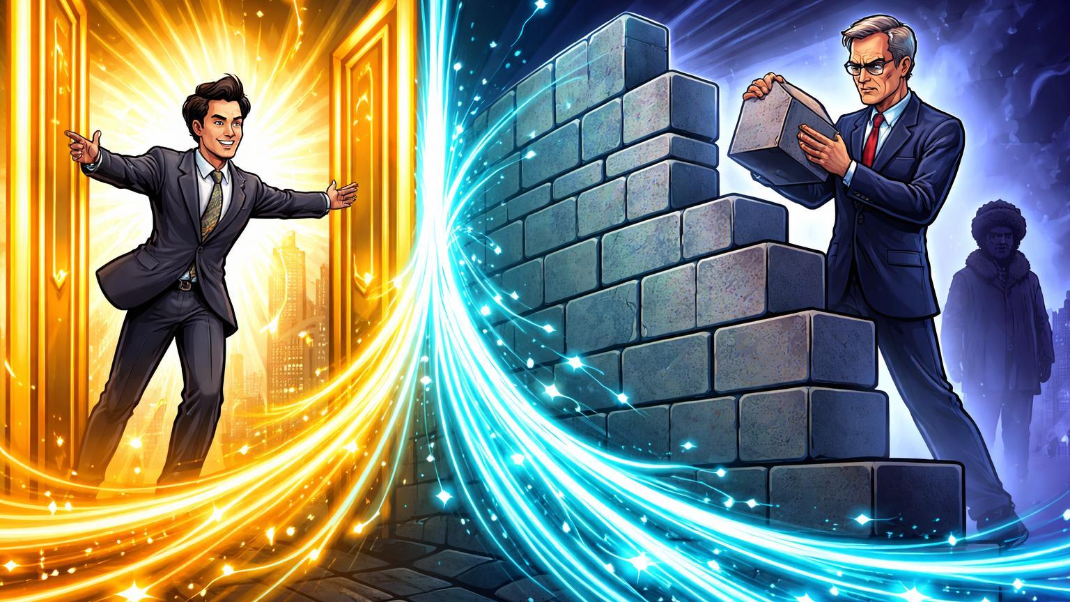 Personagens cartoon de HK abrindo portais luminosos enquanto UE ergue muro contra Rússia, ilustrando contraste geopolítico em regulação cripto