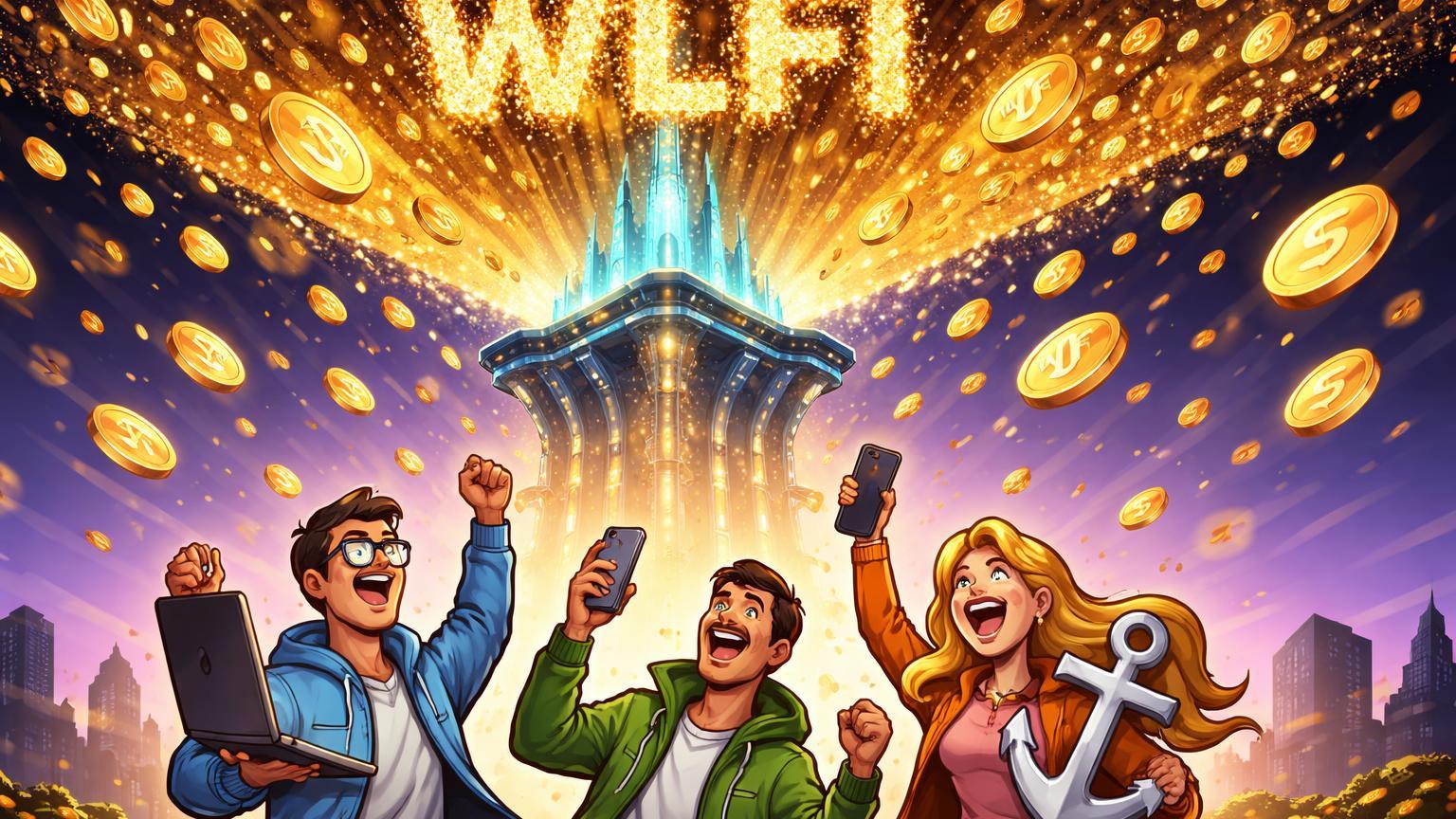 Holders cartoon celebrando nuvem de tokens WLFI dourados caindo sobre stablecoins USD1, simbolizando airdrop massivo da Binance