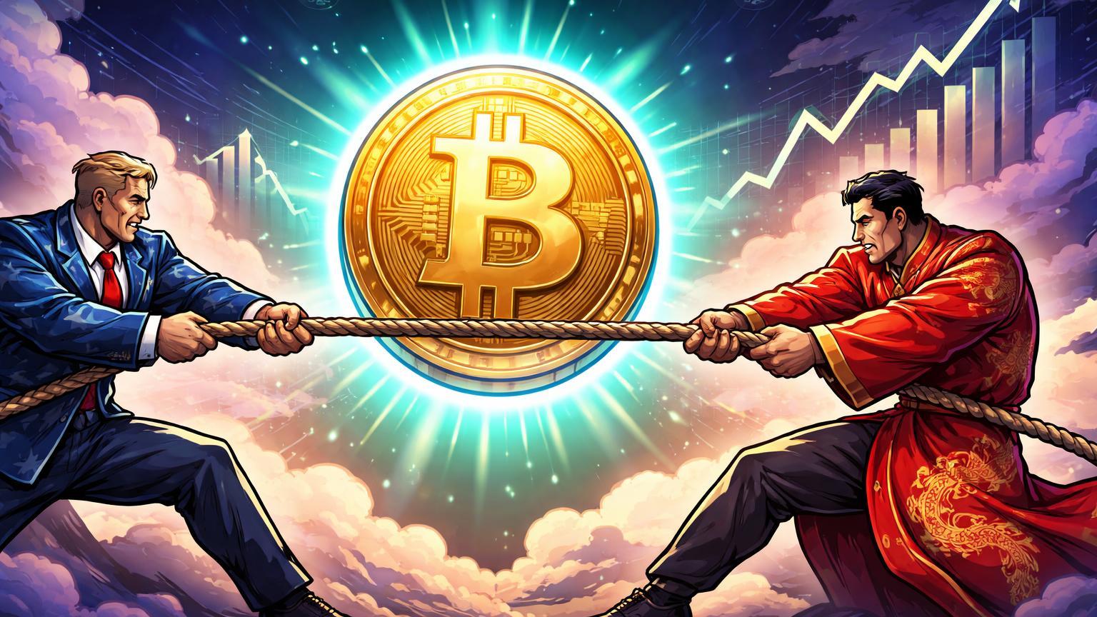 Personagens cartoon de EUA e China em cabo de guerra por Bitcoin dourado gigante, simbolizando corrida armamentista global impulsionada por dívidas e acumulação de baleias