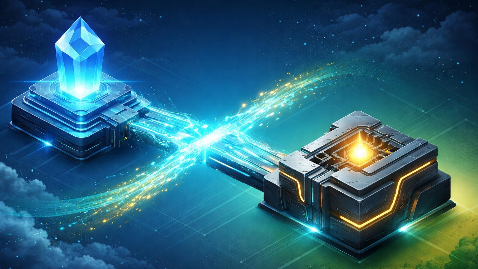 Estruturas isométricas de Stellar e XRPL conectadas por ponte cyan luminosa de Axelar, com fluxos de energia simbolizando interoperabilidade cross-chain e pagamentos globais