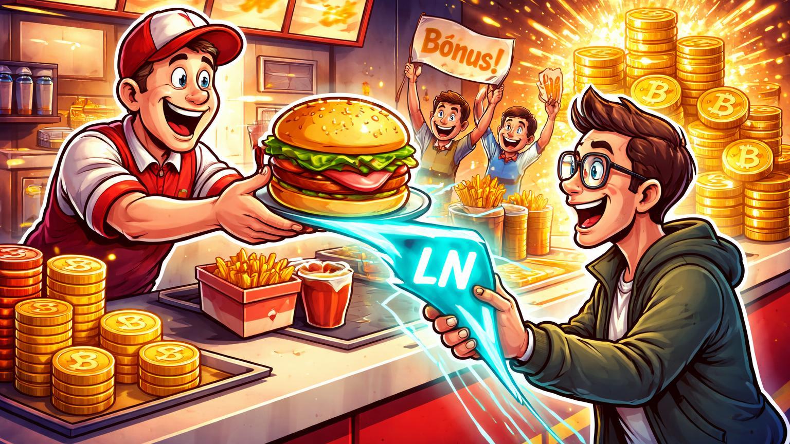 Balcao fast-food cartoon com cliente pagando via raio Lightning Bitcoin, vendas explodindo em moedas douradas e bonus, ilustrando adocao corporativa por Steak n Shake