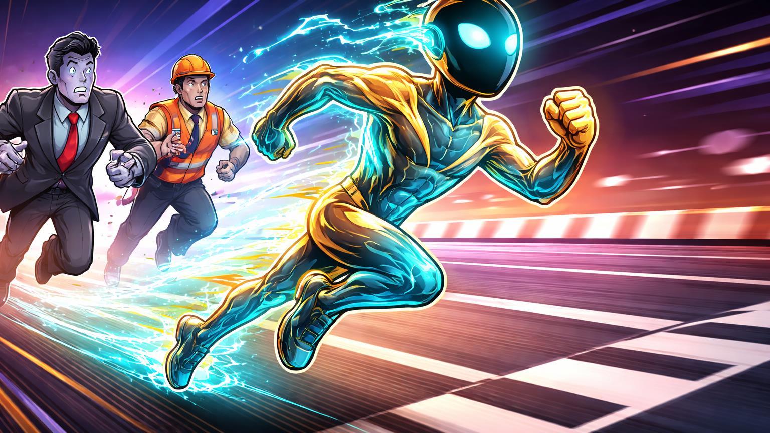 Personagem DeFi fluido ultrapassando corredores fintech cartoon em pista de corrida, simbolizando Aave superando Klarna e Hyperliquid se aproximando de Robinhood