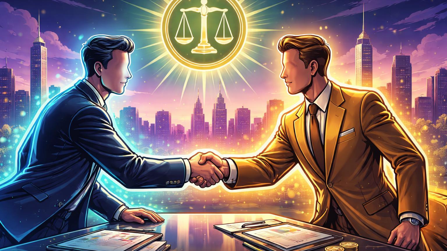 Executivos cartoon tech e institucional apertando mãos sob selo de aprovação regulatória, simbolizando retorno da Nexo aos EUA via parceria Bakkt