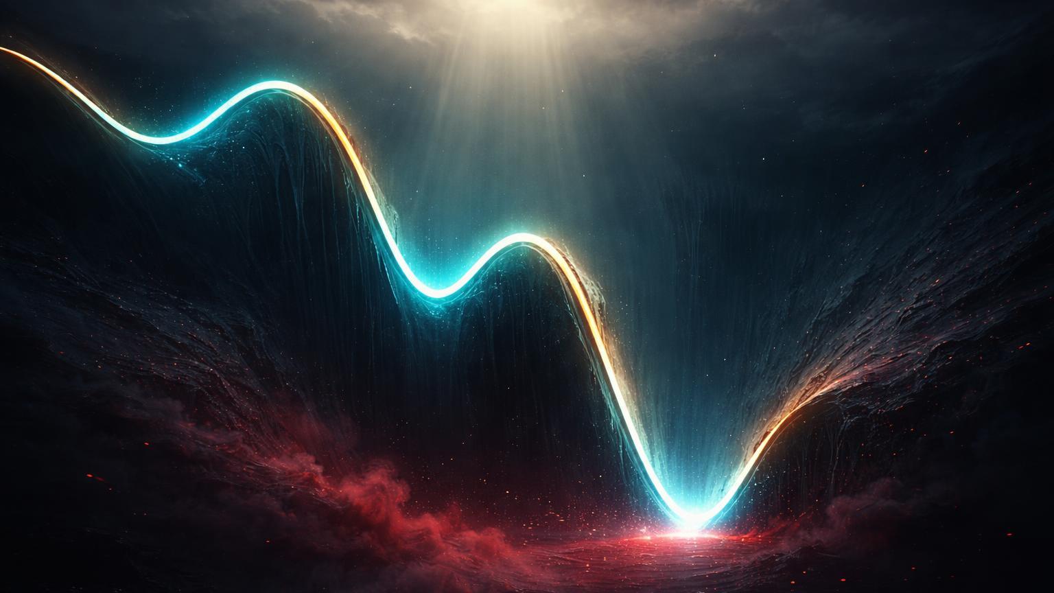 Curva geométrica de indicador luminosa tocando mínimo em abismo digital com partículas vermelhas dissipando, sinalizando possível fundo no ciclo Bitcoin pós-FTX