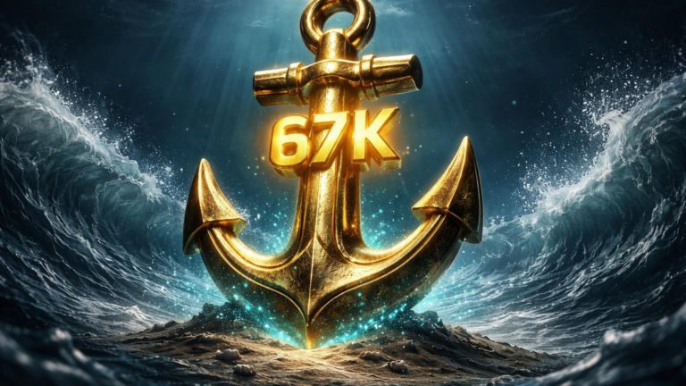 Âncora dourada com 67K gravada resistindo ondas enfraquecidas do dólar, simbolizando suporte firme do Bitcoin em meio a apostas recordes contra USD