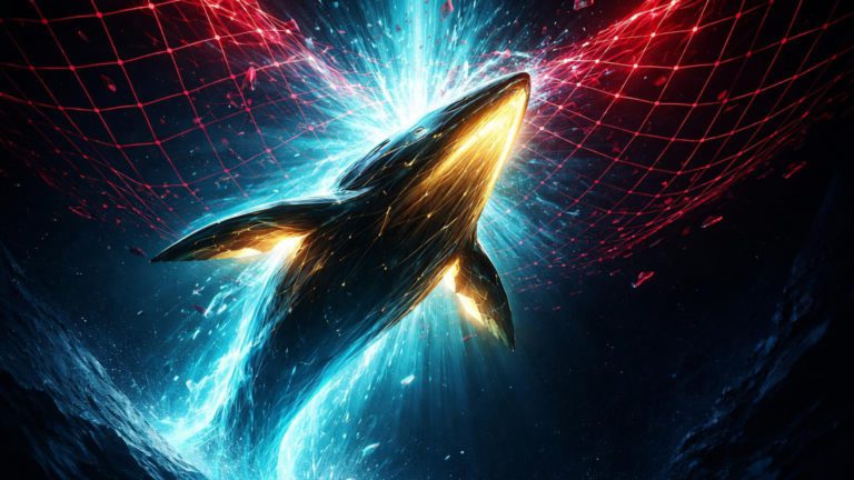 Silhueta de baleia dourada rompendo rede vermelha translúcida, simbolizando short squeeze impulsionado por baleias no Bitcoin