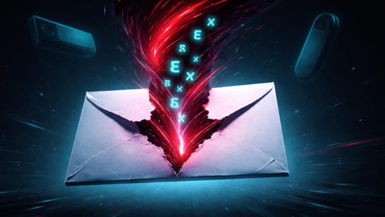 Envelope postal rasgado liberando vórtice vermelho sugando glifos de seed phrase de silhuetas de wallets, alertando scam físico em Ledger e Trezor