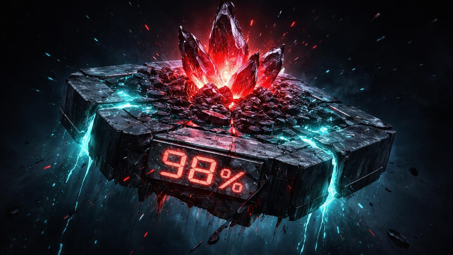 Plataforma DeFi hexagonal desintegrando com energia vazando e '98%' rachado, simbolizando colapso do ZeroLend e riscos em oráculos