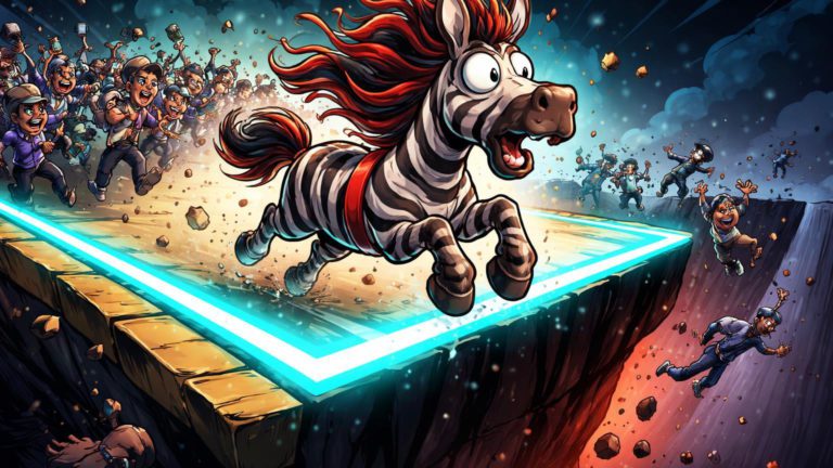 Cavalo meme cartoon com traços zebra despencando em precipício seguido por traders em pânico, satirizando crash de memecoins do Ano do Cavalo