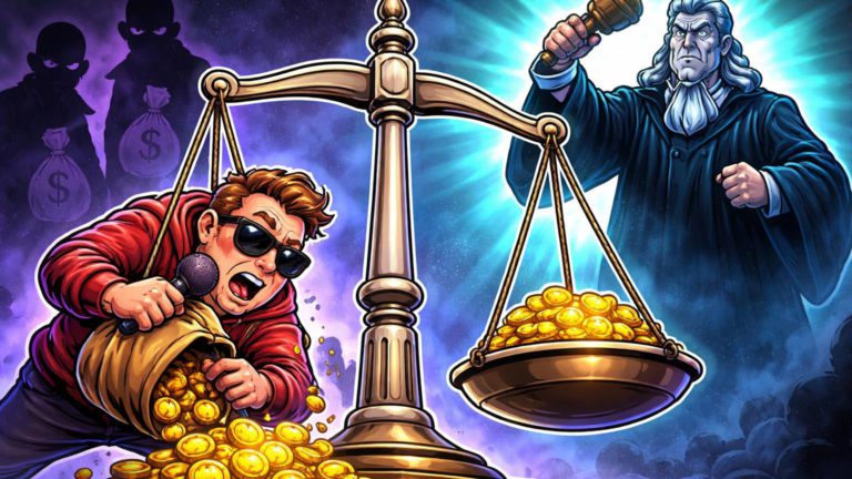Balança da justiça com influenciador cartoon despejando moedas para juiz, sombras de scammers ao fundo, alertando riscos de scams no cripto
