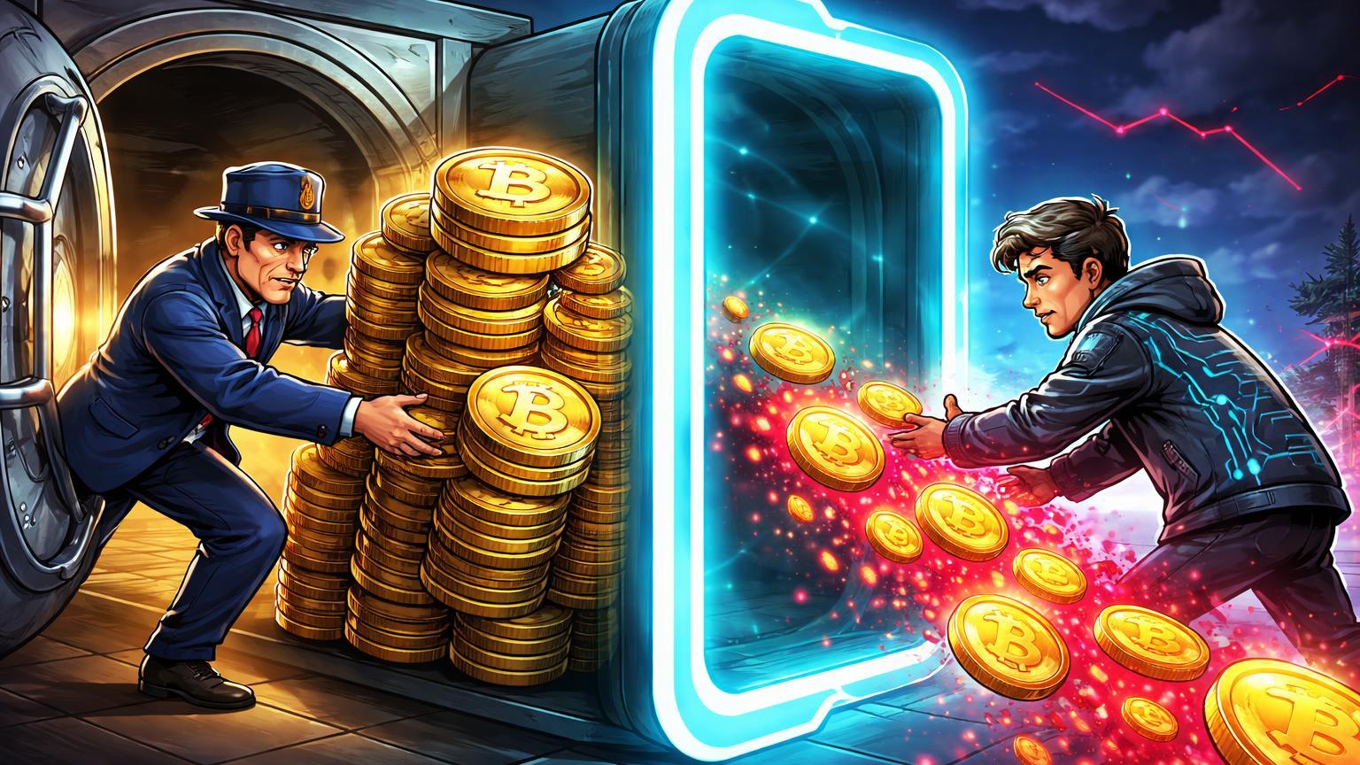 Personagens cartoon institucional e exchange transferindo pilhas de BTC dourado através de portal, sinalizando saídas de ETFs e pressão vendedora