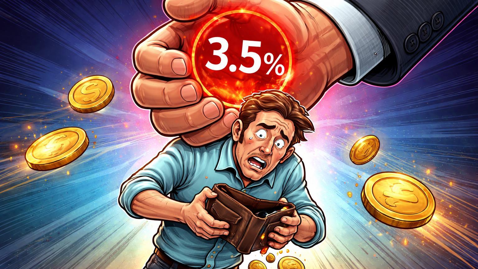 Investidor cartoon com carteira apertada por mão burocrática selada com 3.5%, simbolizando impacto do IOF sobre criptomoedas no Brasil