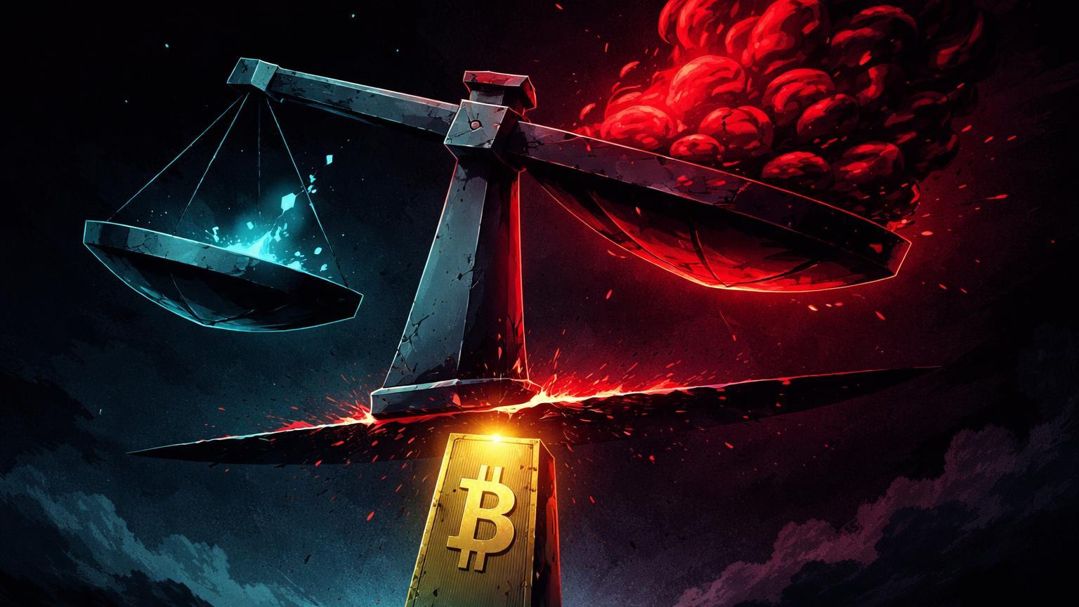 Balança digital brutalista desequilibrada com massa vermelha de medo dominando, Bitcoin testando suporte rachado, ilustrando índice Fear & Greed em mínima de 4 anos
