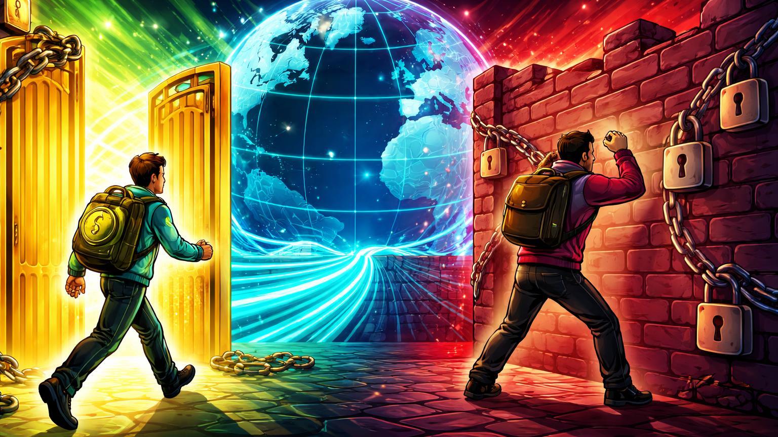 Personagens cartoon de empresas cripto: um avançando por portão aberto na Coreia e outro diante de muro na Polônia, simbolizando mudanças regulatórias contrastantes