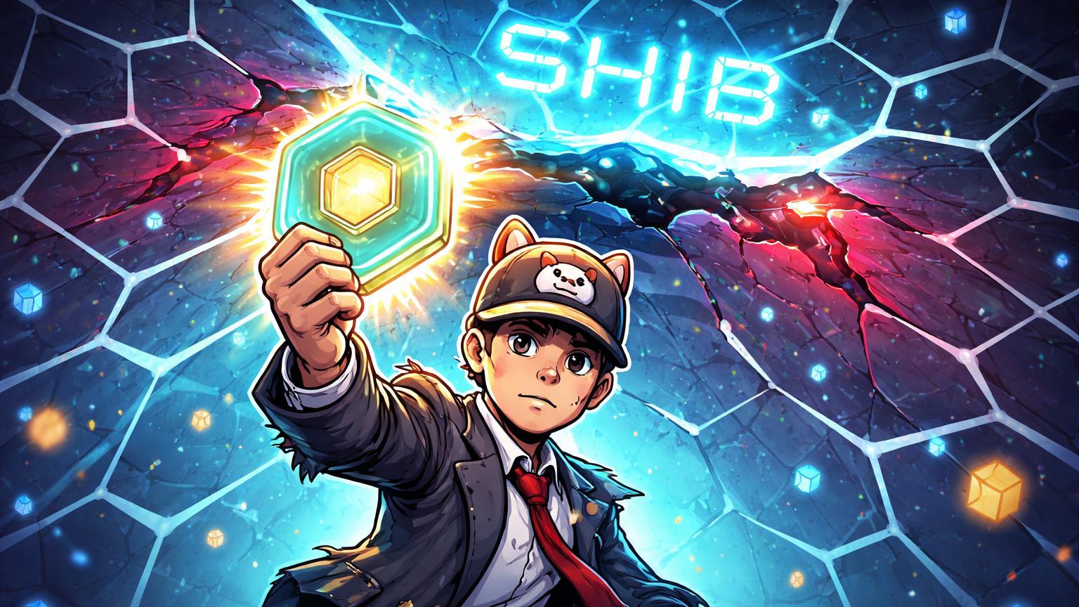 Personagem cartoon remendando rede hexagonal rachada com NFT luminoso, simbolizando sistema SOU recuperando fundos do hack Shibarium