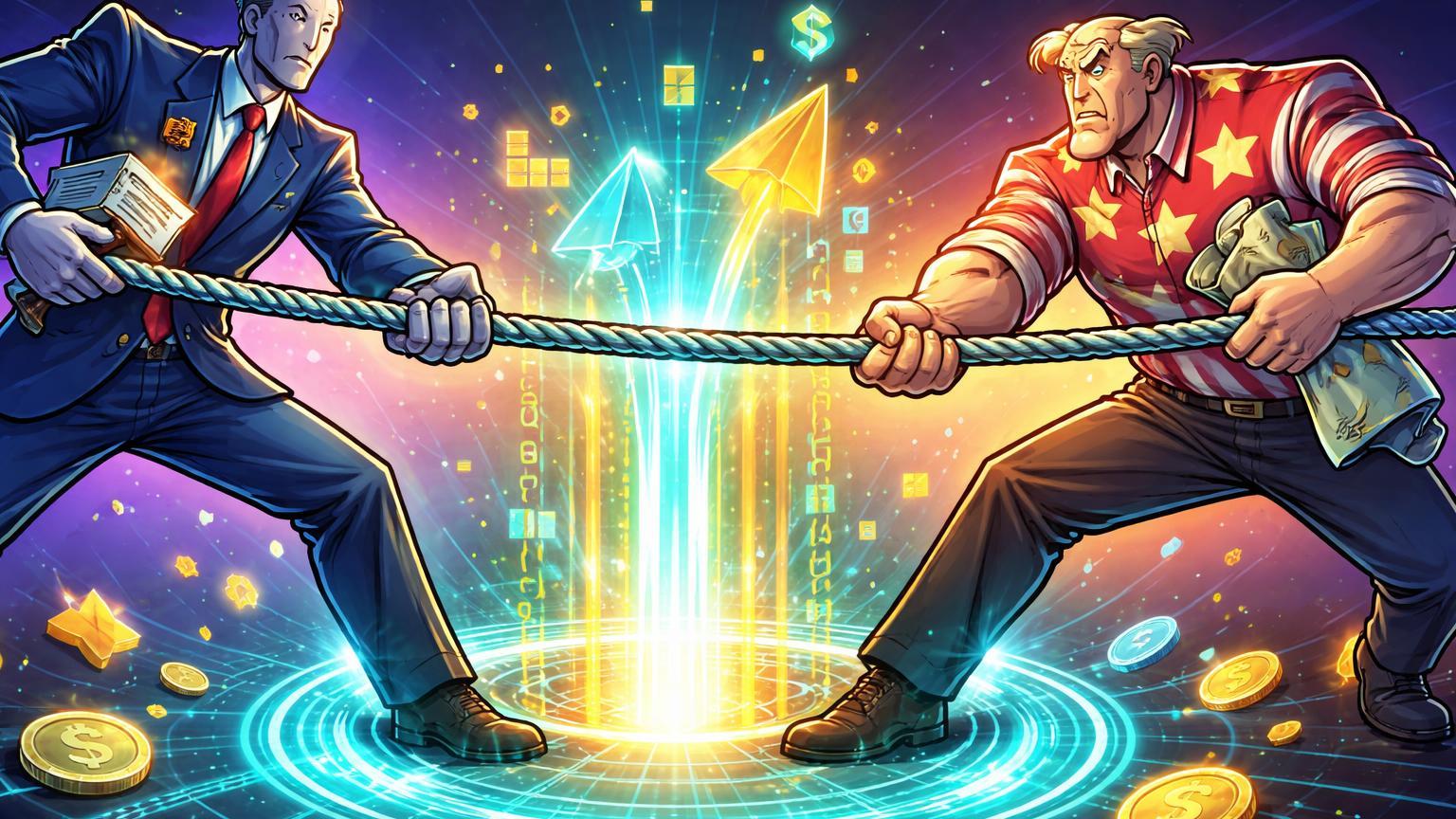 Personagens cartoon de regulador federal e estados em cabo de guerra sobre portal Web3, simbolizando disputa CFTC contra proibições em prediction markets