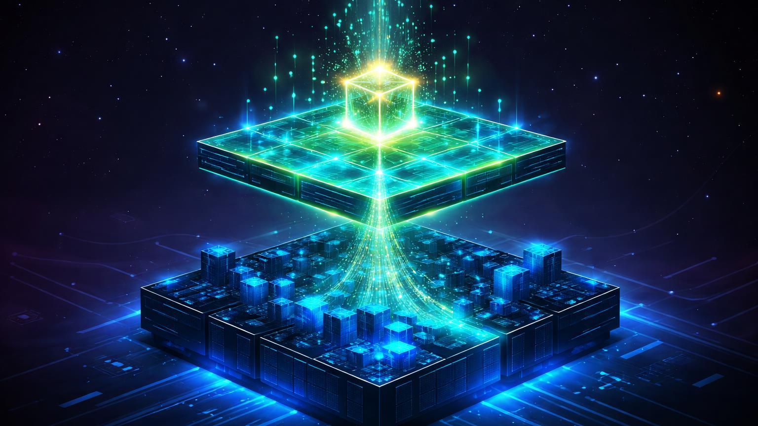 Plataformas isométricas de Polygon elevadas acima de Ethereum com fluxo de partículas migrando, simbolizando flippening de taxas pelo Polymarket