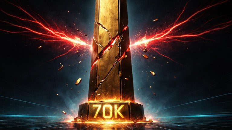 Pilar dourado com '70K' gravado rachado por energias vermelhas, simbolizando perda de suporte Bitcoin em crises DeFi e alavancagem