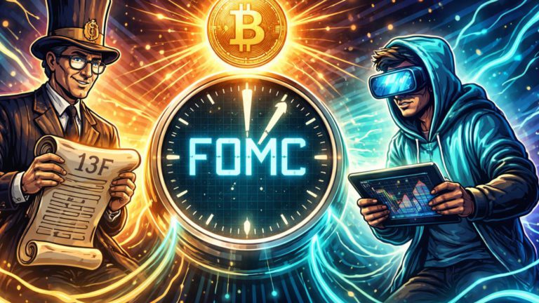 Investidor Wall Street e trader cripto conectados por fios a relógio FOMC influenciando Bitcoin, destacando impacto macro no mercado