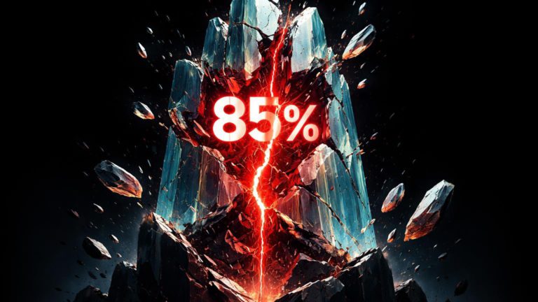 Torre cristalina rachando com '85%' nas fendas vermelhas, simbolizando perda de valor em 85% dos tokens lançados em 2025