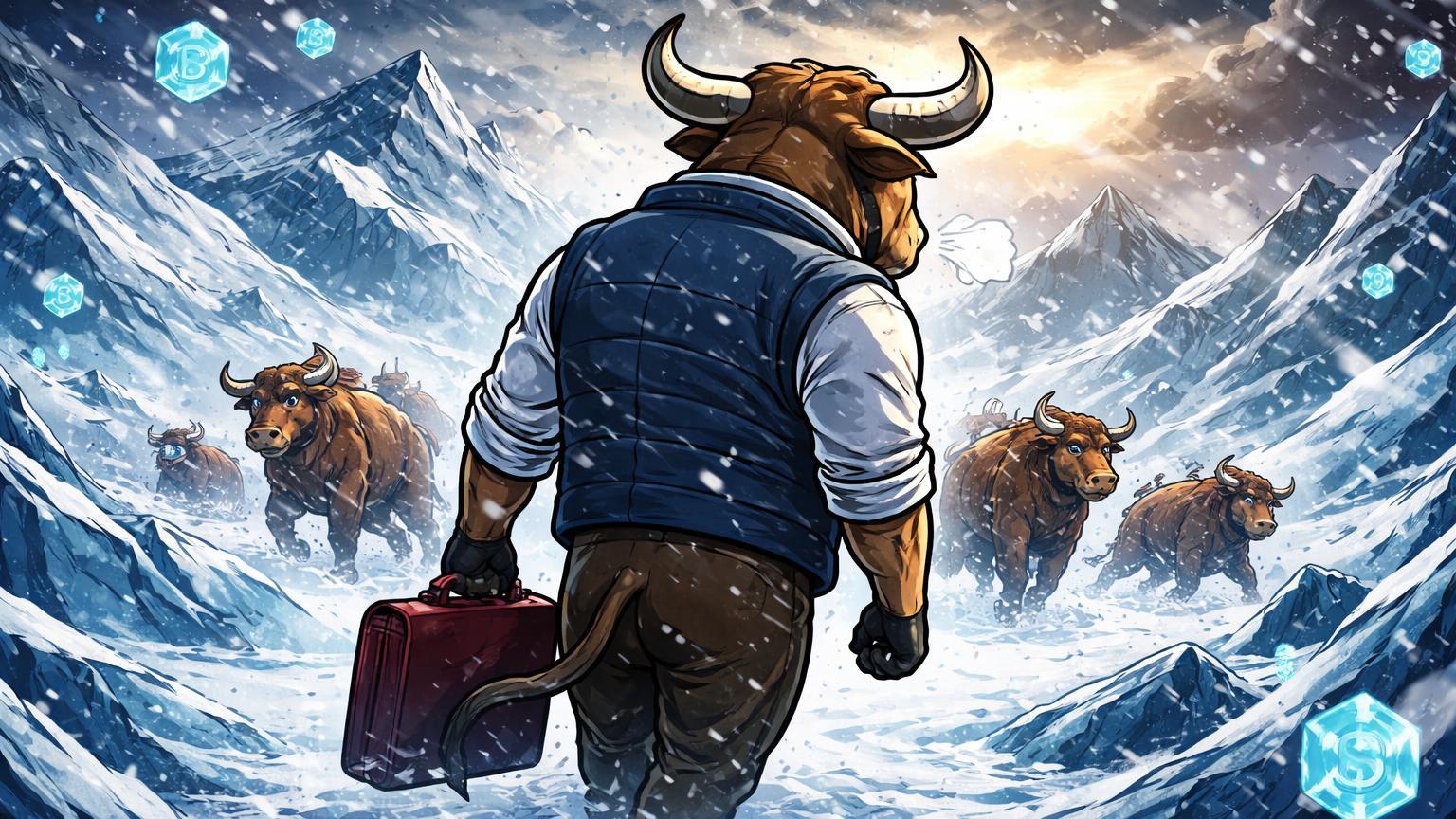 Touros cartoon recuando em nevasca sobre montanhas digitais, simbolizando inverno cripto com saída de Thiel e Saylor