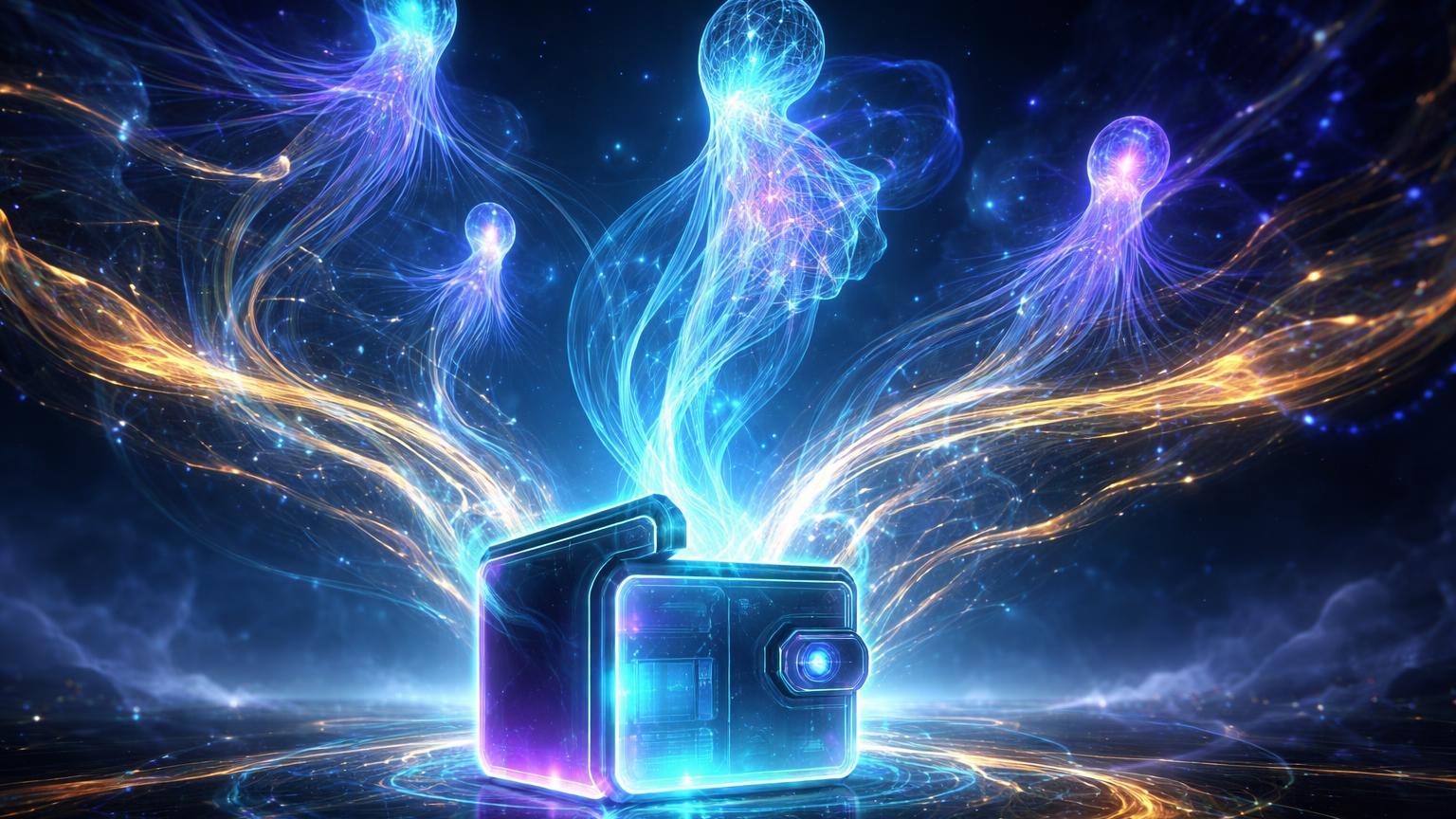 Entidades espectrais de IA emergindo de portal de carteira conectando-se a rede blockchain pulsante, simbolizando agentes autônomos em Phantom e Claude no DeFi