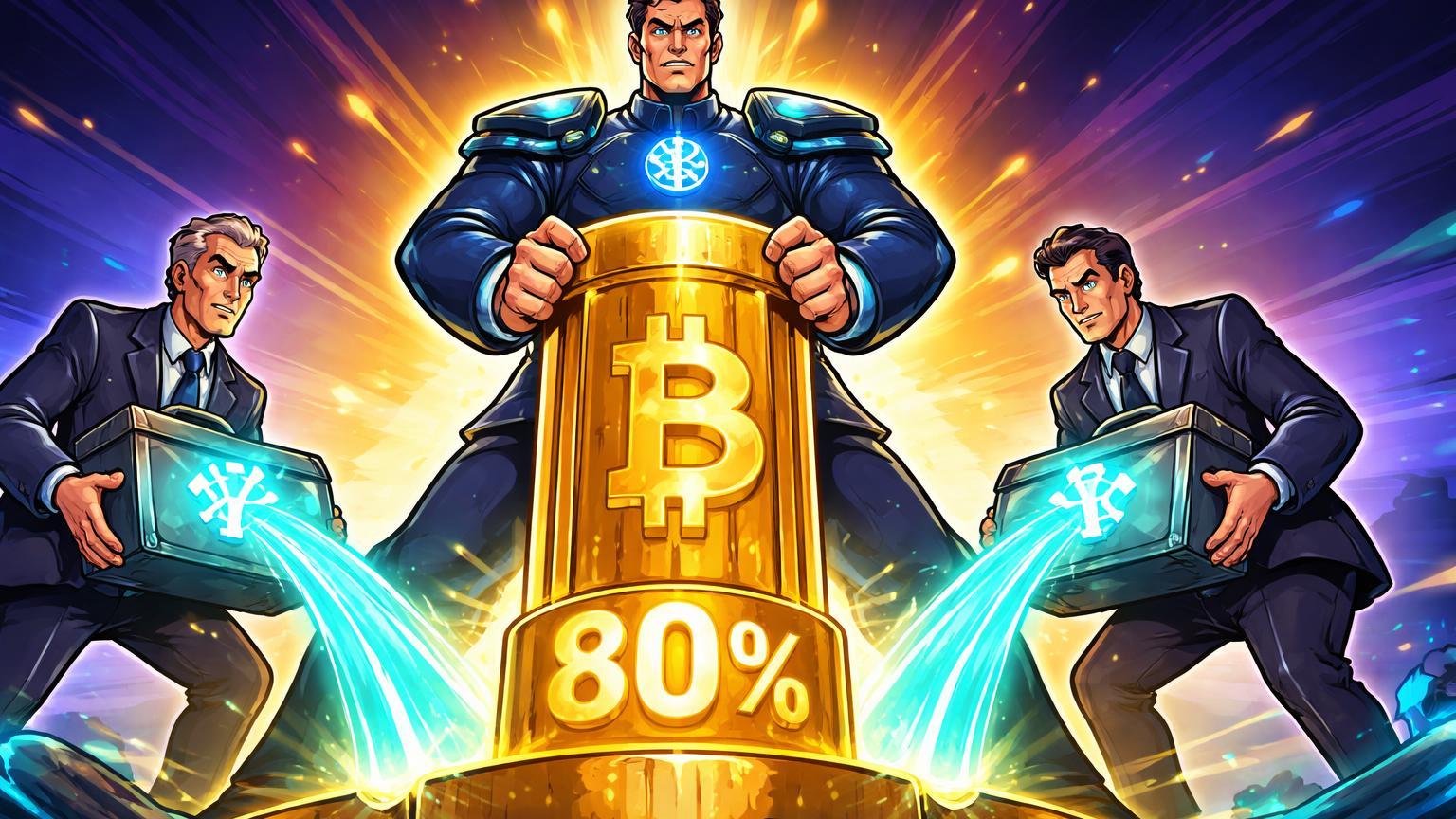 Guardião cartoon Coinbase custodando pilar BTC com 80%, recebendo baús ETH de executivos BlackRock e Grayscale, simbolizando influxos e transparência em ETFs