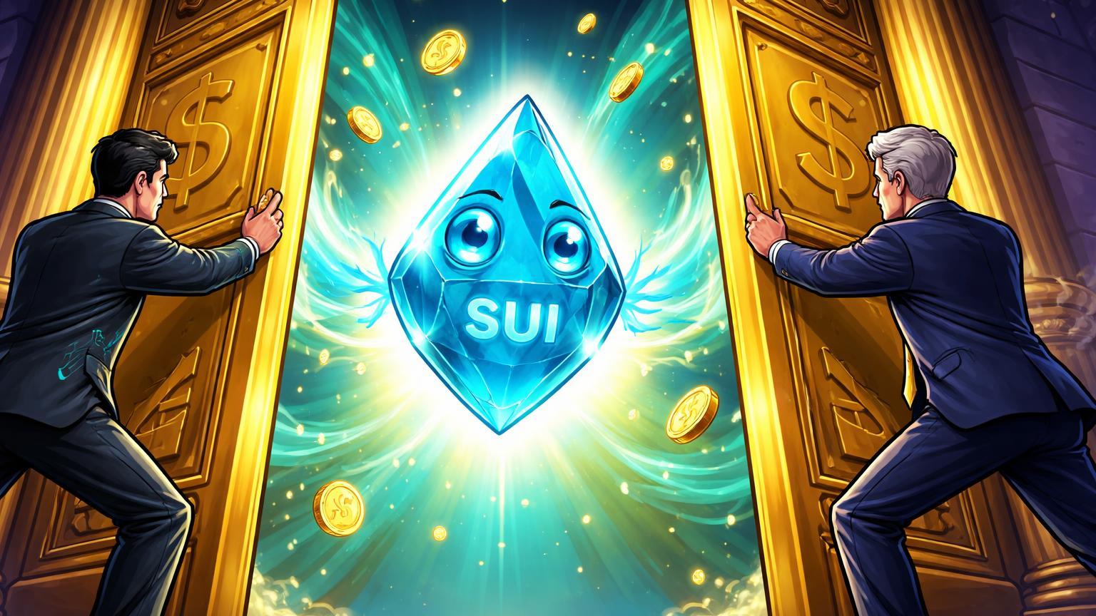 Executivos cartoon de Grayscale e NYSE abrindo portas douradas para personagem SUI com staking, simbolizando lançamento do ETF GSUI