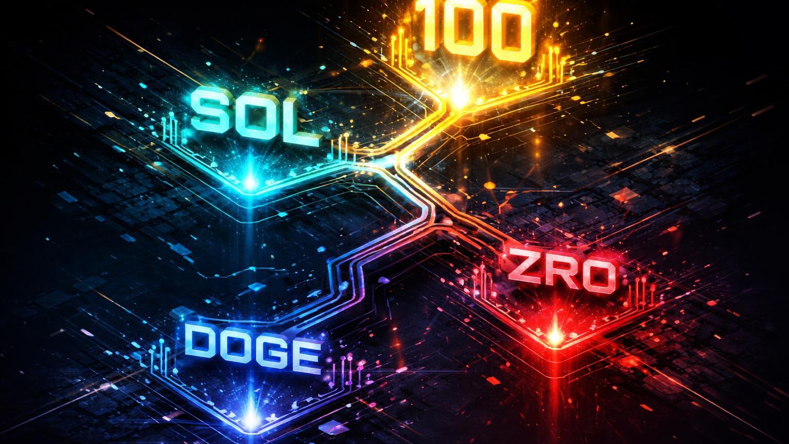 Rede isométrica digital bifurcando em caminhos ascendente e descendente com siglas SOL, DOGE e ZRO, simbolizando pontos de inflexão técnicos