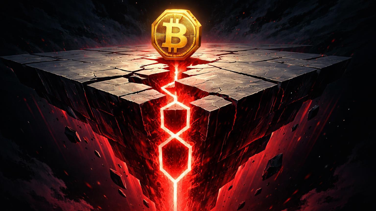 Plataforma brutalista rachada com '8' sobre abismo e forma Bitcoin na borda, simbolizando índice de medo 8/100 e teste de suporte em 66.5k