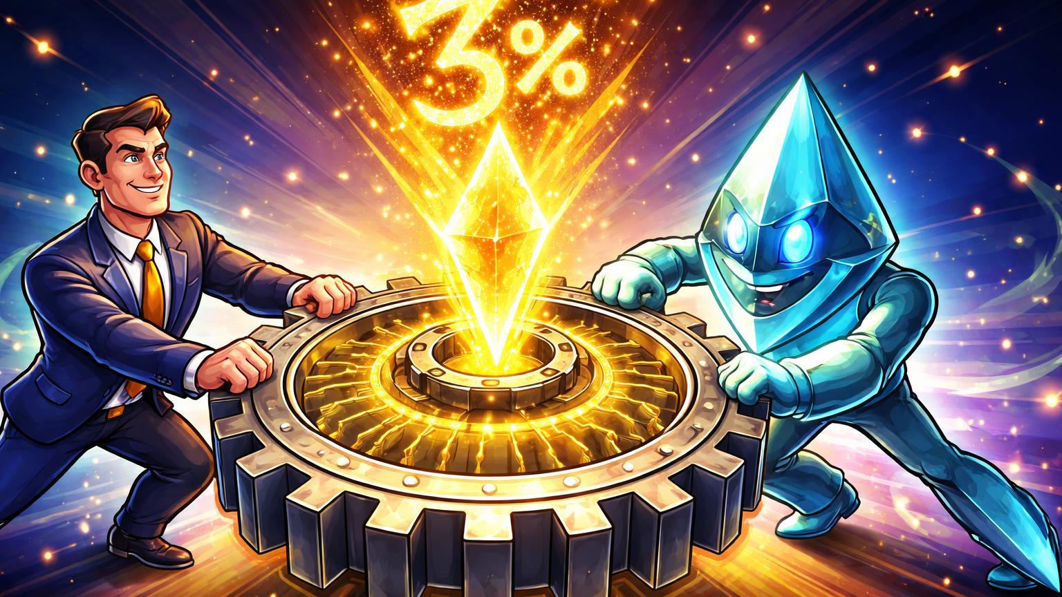 Executivo cartoon e guardião Ethereum girando engrenagem de staking com cristal 3% dourado, simbolizando ETF de yield da BlackRock