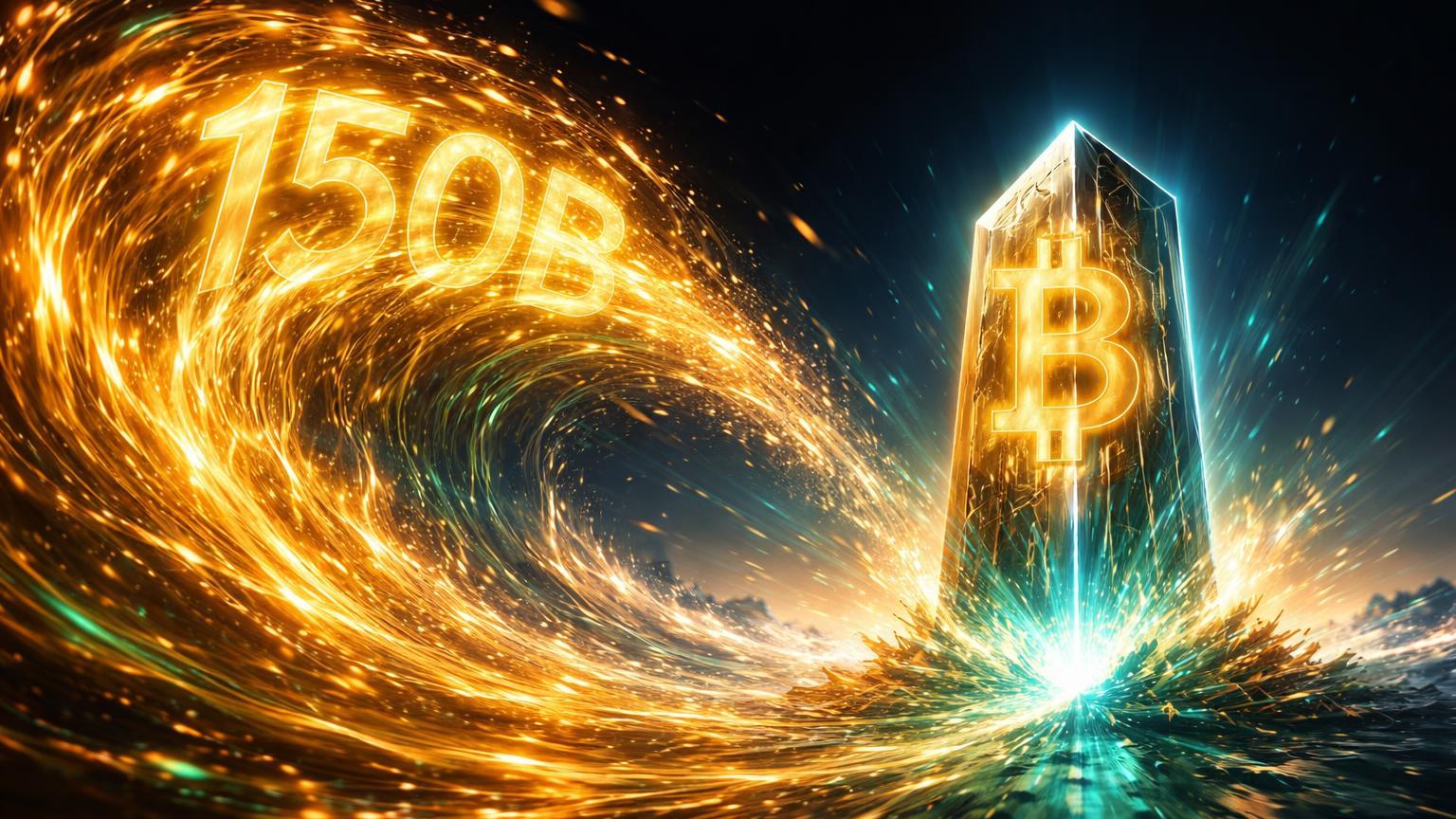 Onda de liquidez dourada colossal com 150B emergindo impactando monolito Bitcoin, sinalizando influxo de US$150 bi antes da alta