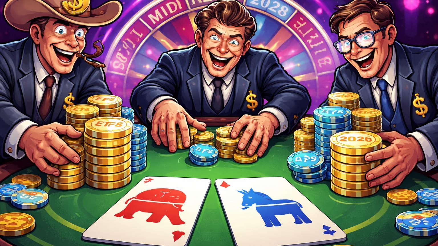 Executivos cartoon de Wall Street apostando fichas ETFs em mesa de cassino com símbolos eleitorais, satirizando prediction markets para eleições EUA