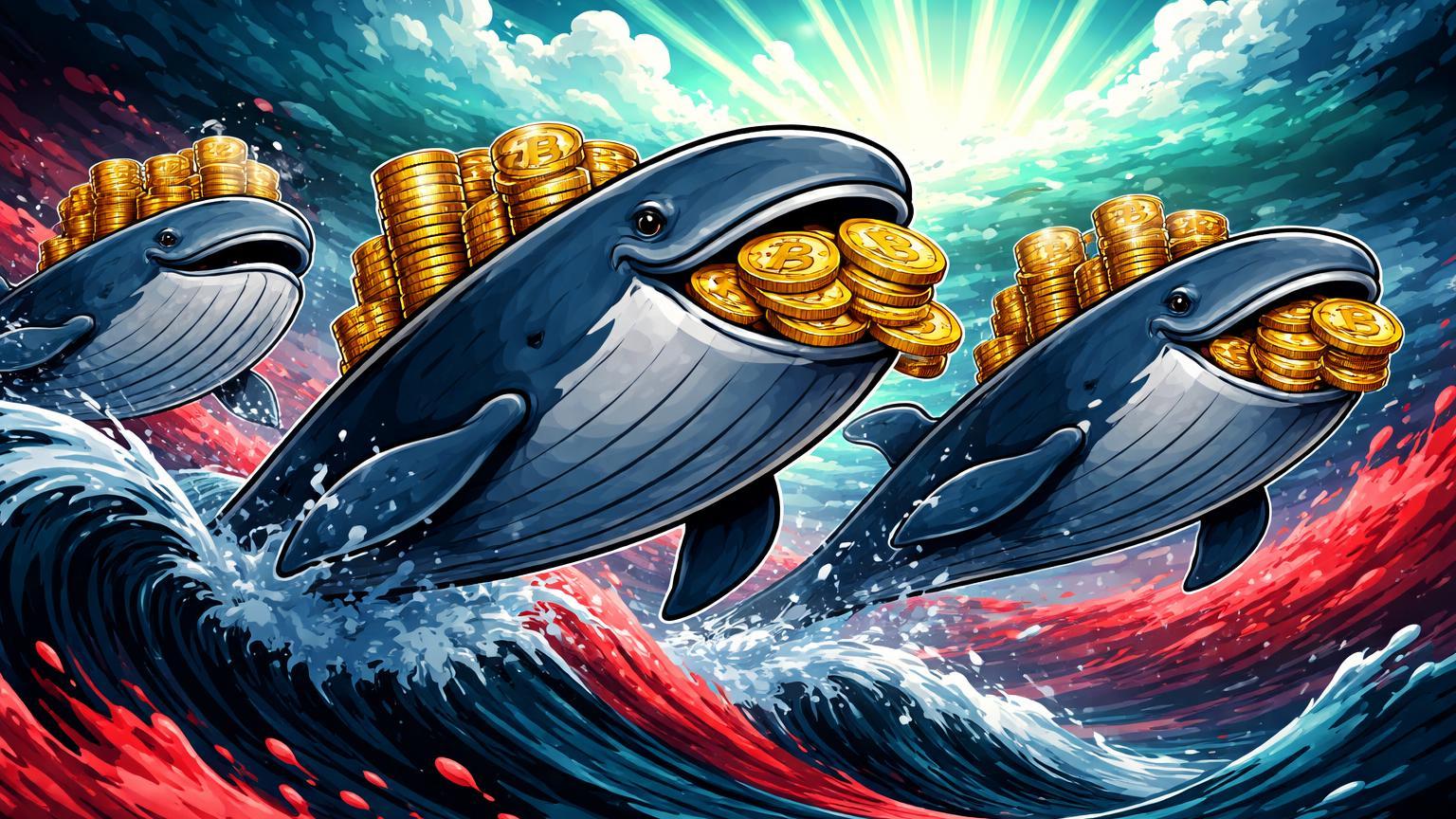 Baleias cartoon carregando pilhas de BTC contra ondas turbulentas, simbolizando acumulação institucional por Abu Dhabi e bancos apesar da queda