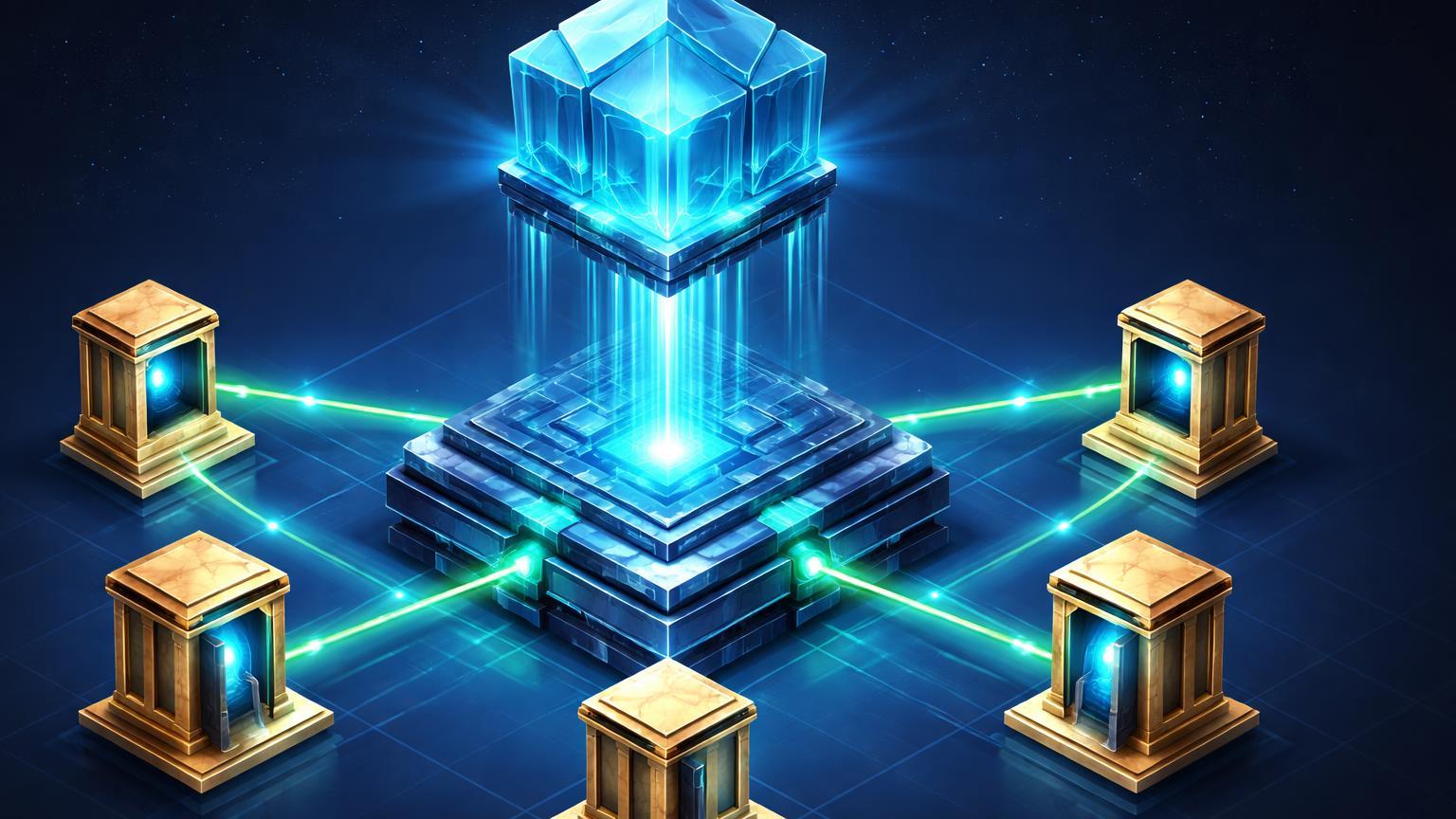 Estrutura cristalina L2 flutuando independentemente sobre base maior, conectada a pilares bancários por fios tokenizados em isométrica, simbolizando maturidade das Layer 2 e RWAs