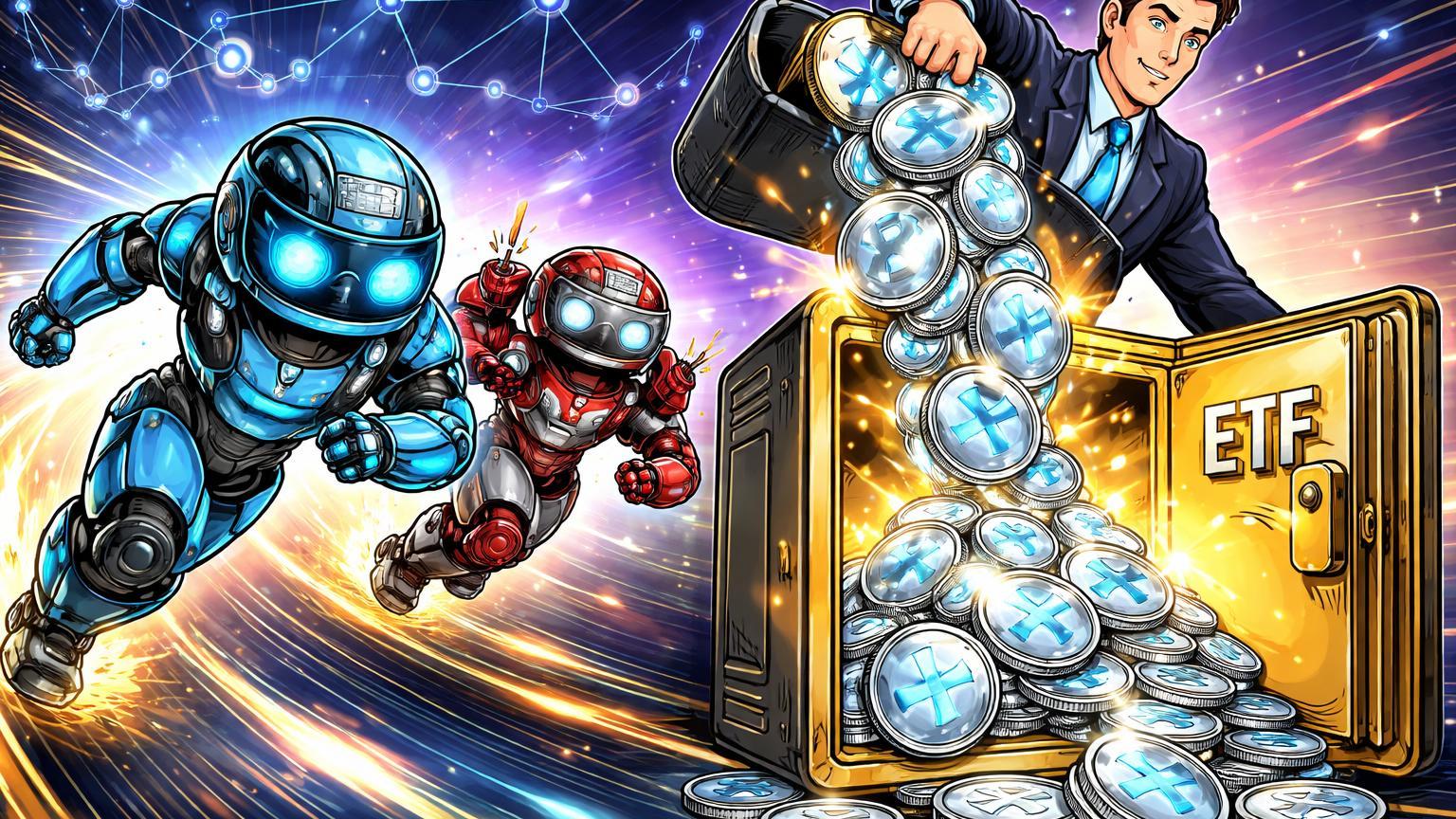 Personagens cartoon: robô Bitdeer ultrapassando MARA em pista hashrate e executivo Franklin enchendo cofre ETF com XRP, ilustrando consolidação institucional