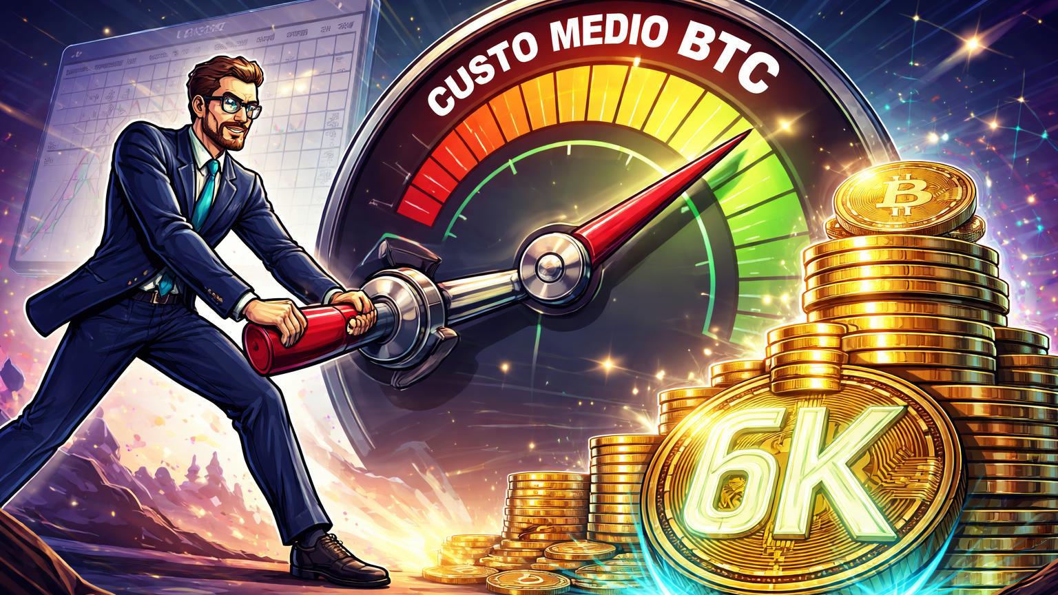 Executivo cartoon puxando alavanca para baixar custo médio BTC com pilha de 6K moedas crescendo, celebrando estratégia DCA da Strategy