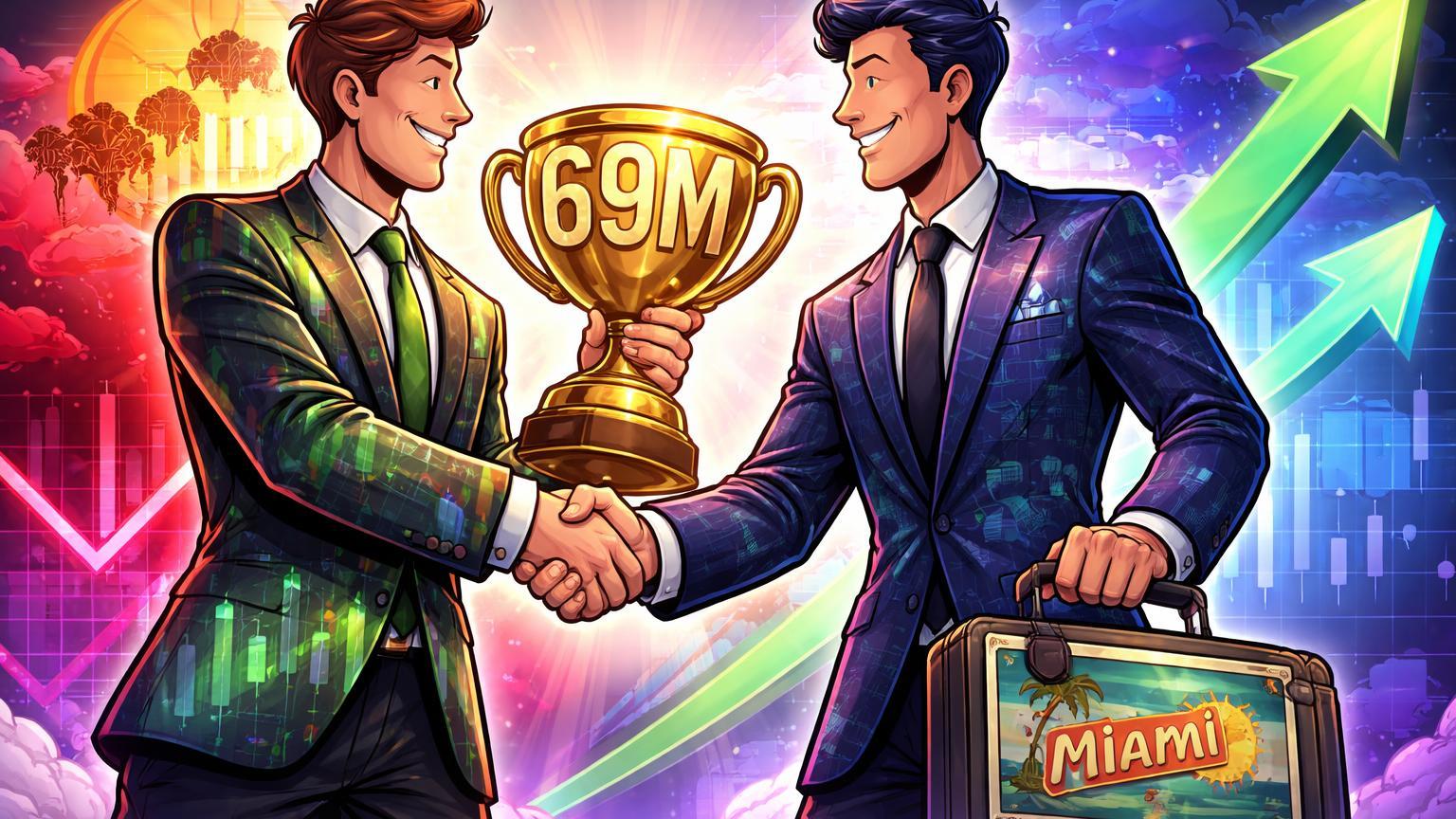 Executivos cartoon de eToro com troféu 69M e Palantir rumo a Miami se cumprimentando, superando queda em cripto com lucros recordes