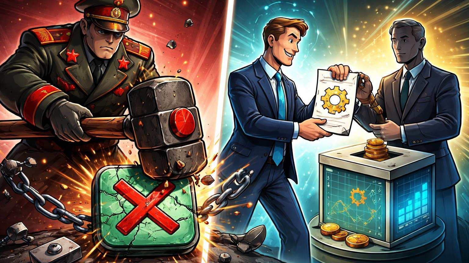 Oficial russo cartoon esmagando Telegram com martelo versus executivo americano entregando ETF eleitoral à SEC, ironia geopolítica na Web3