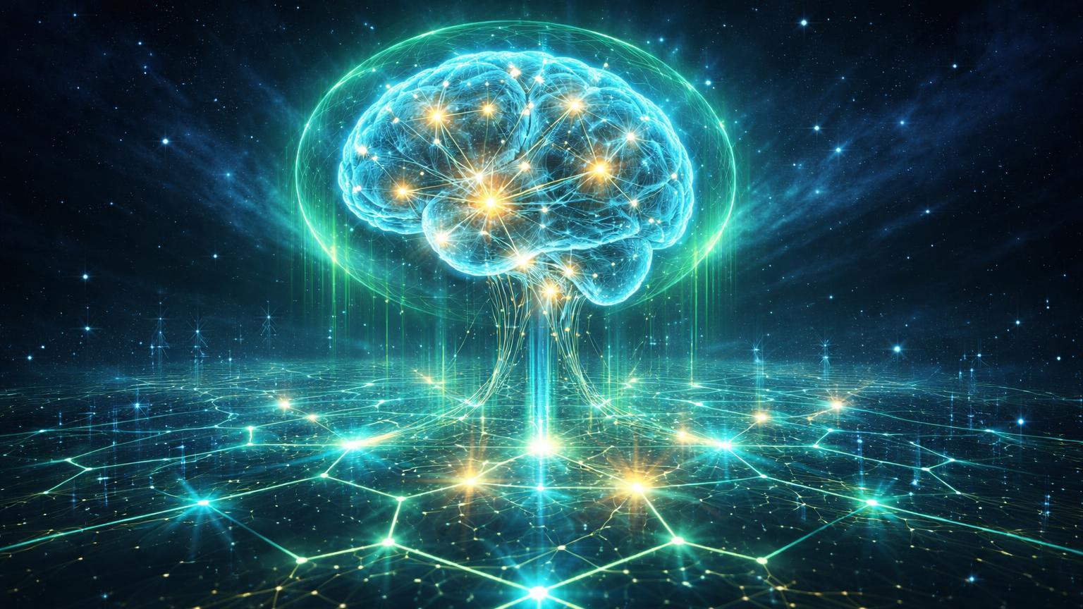 Cérebro digital etéreo conectado por feixes luminosos a rede DeFi hexagonal com aura protetora, representando convergência IA-Web3 em Solana