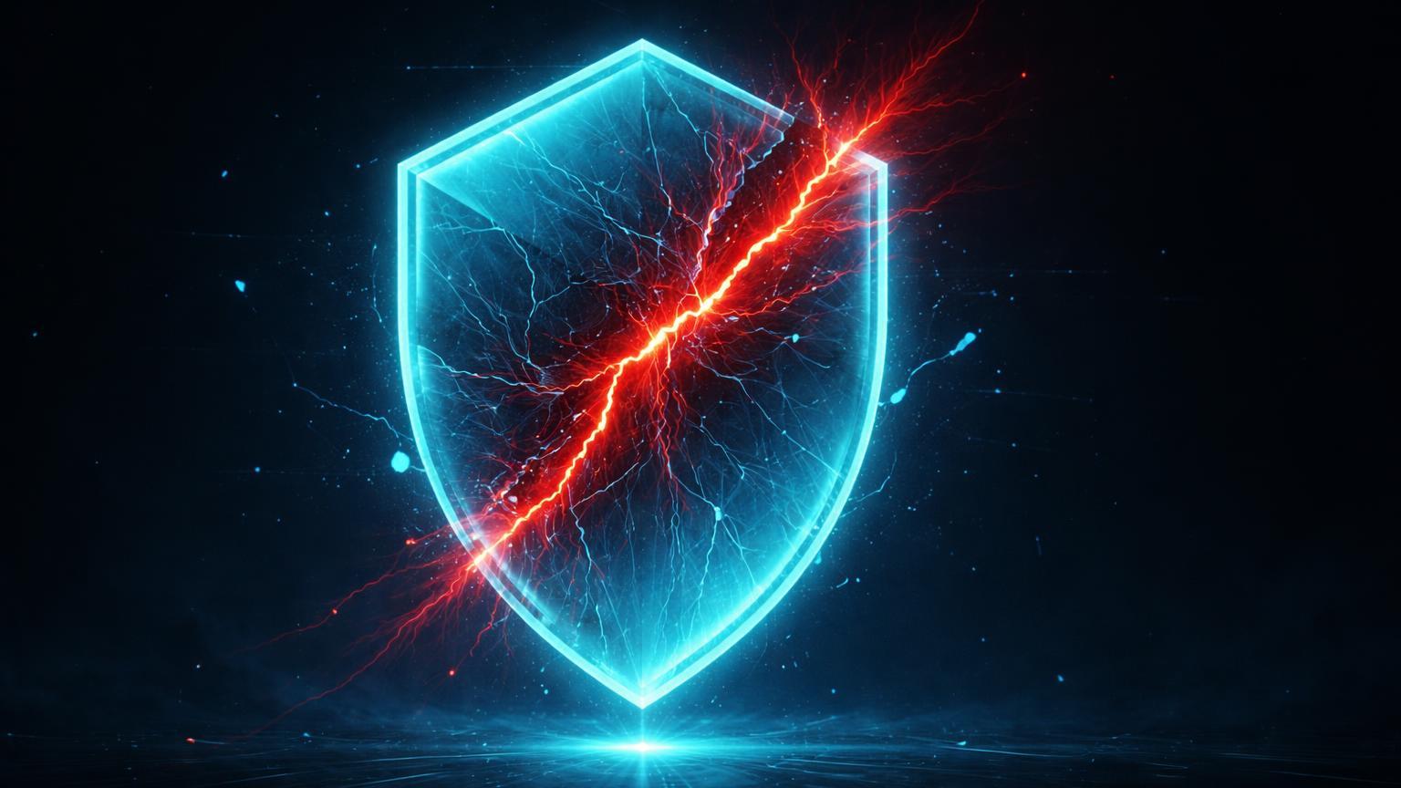 Escudo cibernético hexagonal rachado com energia vermelha infiltrando, simbolizando hacks em contas cripto e alertas de scams